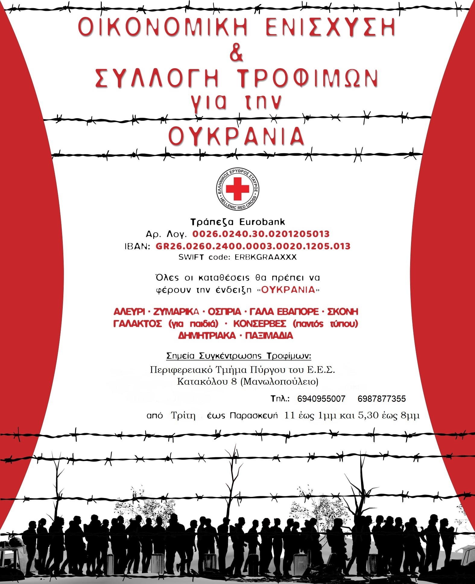 ΕΛΛΗΝΙΚΟΣ ΕΡΥΘΡΟΣ ΣΤΑΥΡΟΣ - Περιφερειακό Τμήμα Πύργου : Έκκληση συγκέντρωσης τροφίμων και φαρμάκων